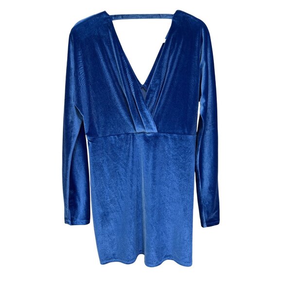Sunday Up Velvet Mini Dress Large Long Sleeve Pleated V Neck Blue Party Cocktail - Picture 4 of 8